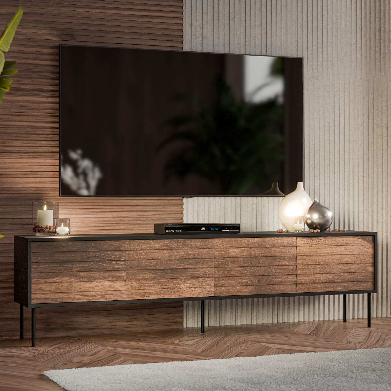 Komoda RTV AKAGI 200 4D černá / ořech - Obrázek 3