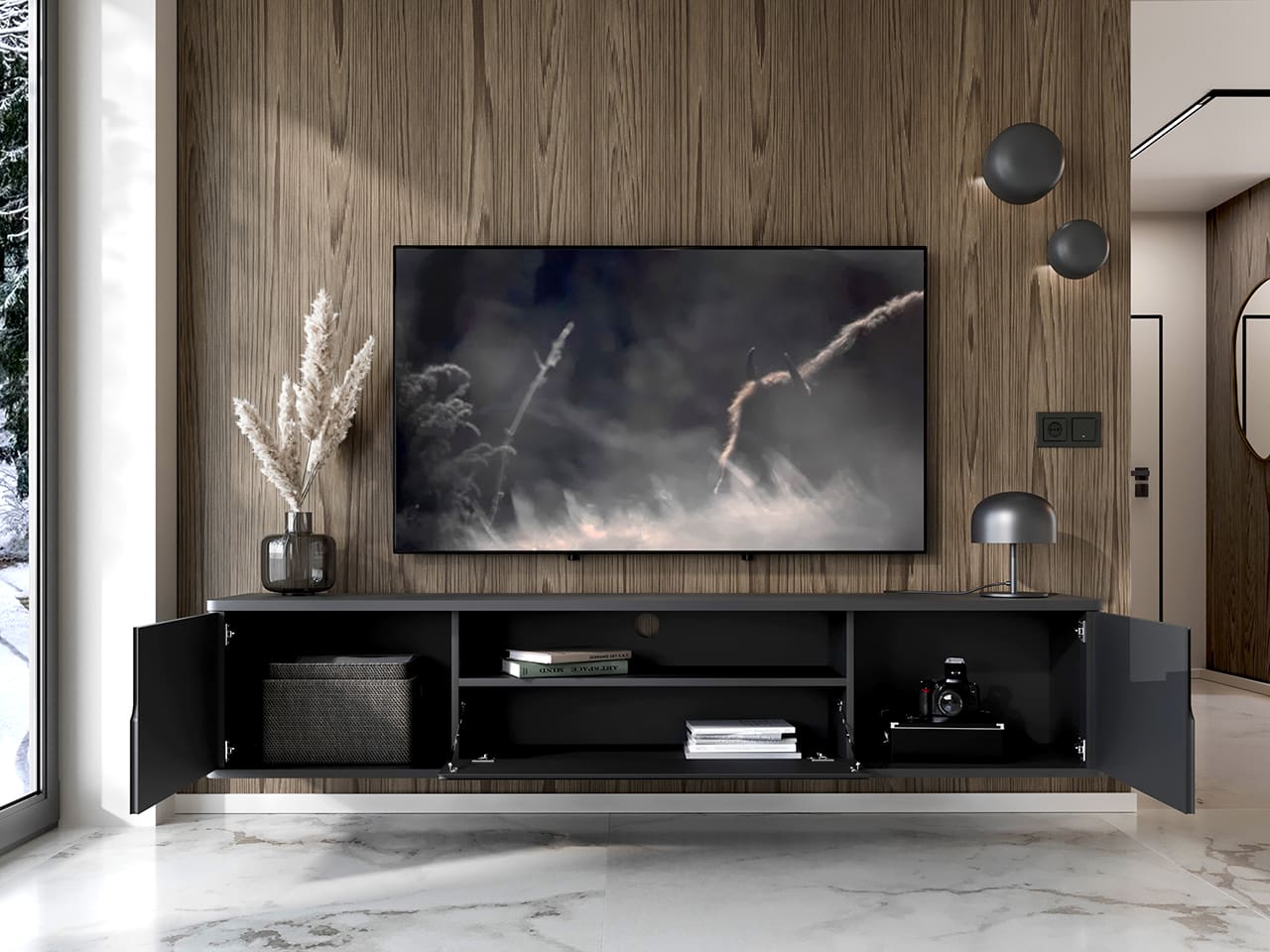 Komoda RTV závěsná RADIUS 180 Černá - Obrázek 7