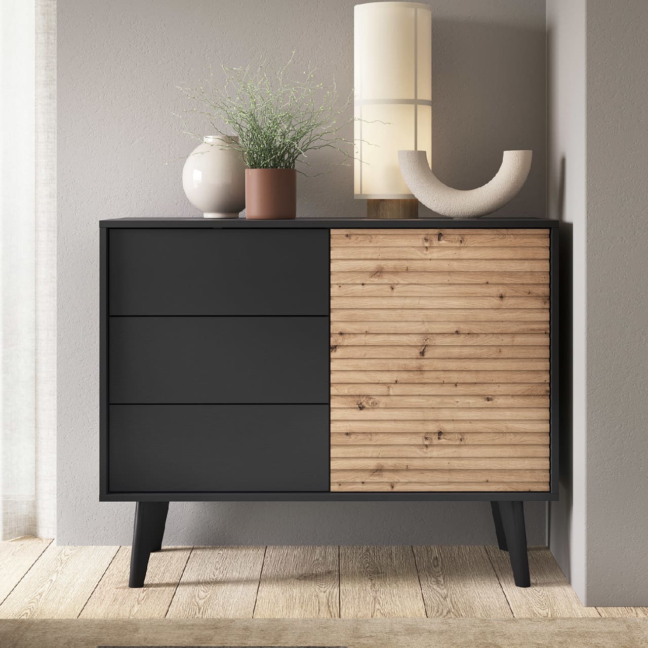 Komoda WOLLOW 02 černá / dub artisan - Obrázek 5