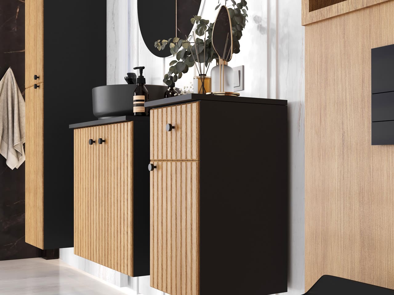 Koupelnová skříňka nízká ASTO 03 černý / dub - Obrázek 7