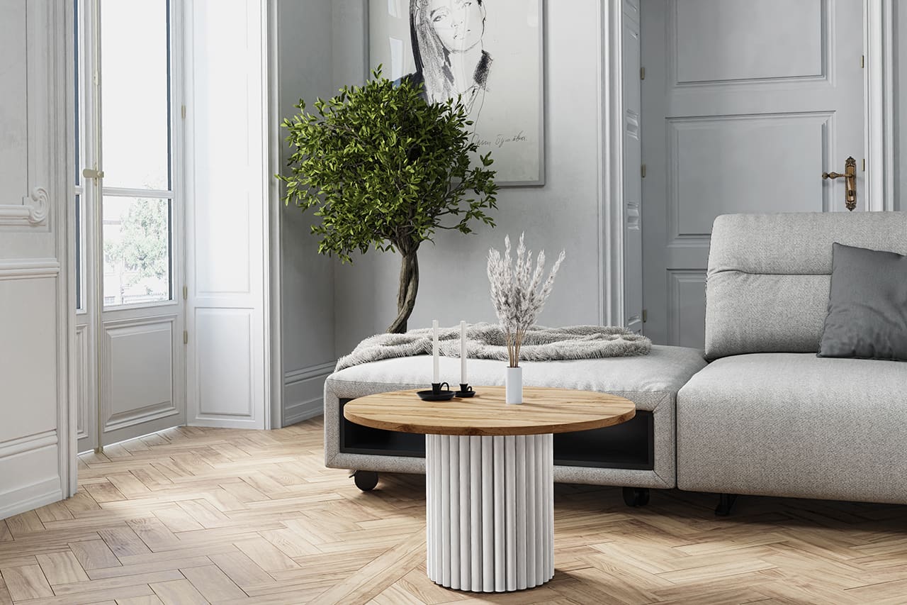 Kulatý stolek CASCANO bílý / dub wotan - Obrázek 2