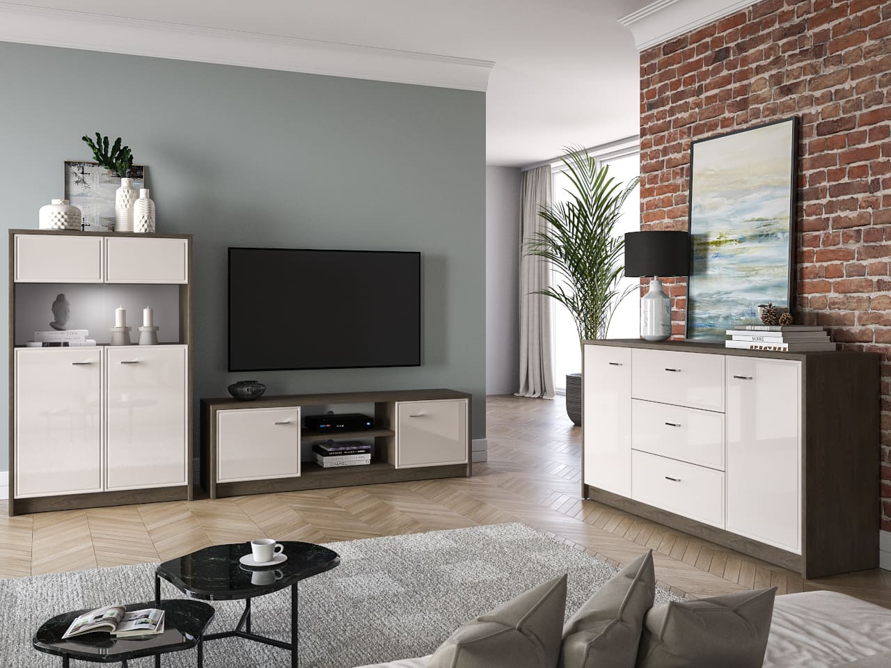 Nábytek do obývacího pokoje AVANTI 1 dub windmill tmavý / kašmír