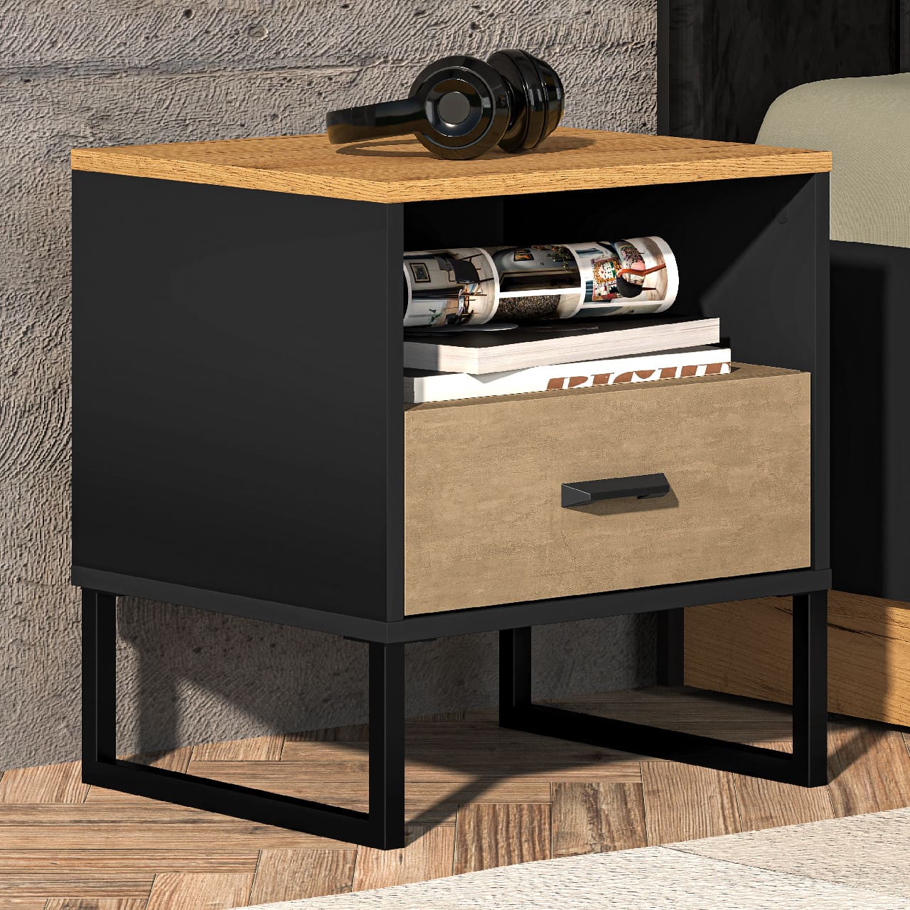 Noční stolek CLINT 08 dub craft zlatý / černý / prémiová ocel - Obrázek 5