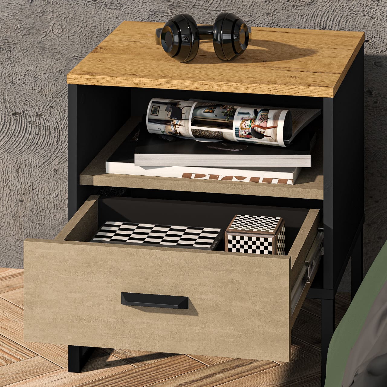 Noční stolek CLINT 08 dub craft zlatý / černý / prémiová ocel - Obrázek 6