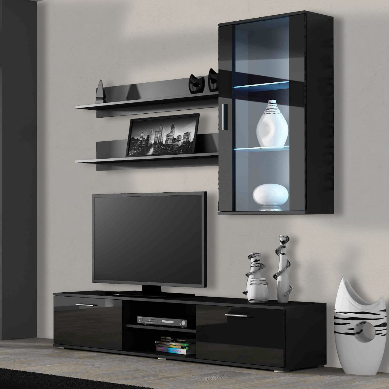 Obývací stěna BRNO 5D černá / černý lesk