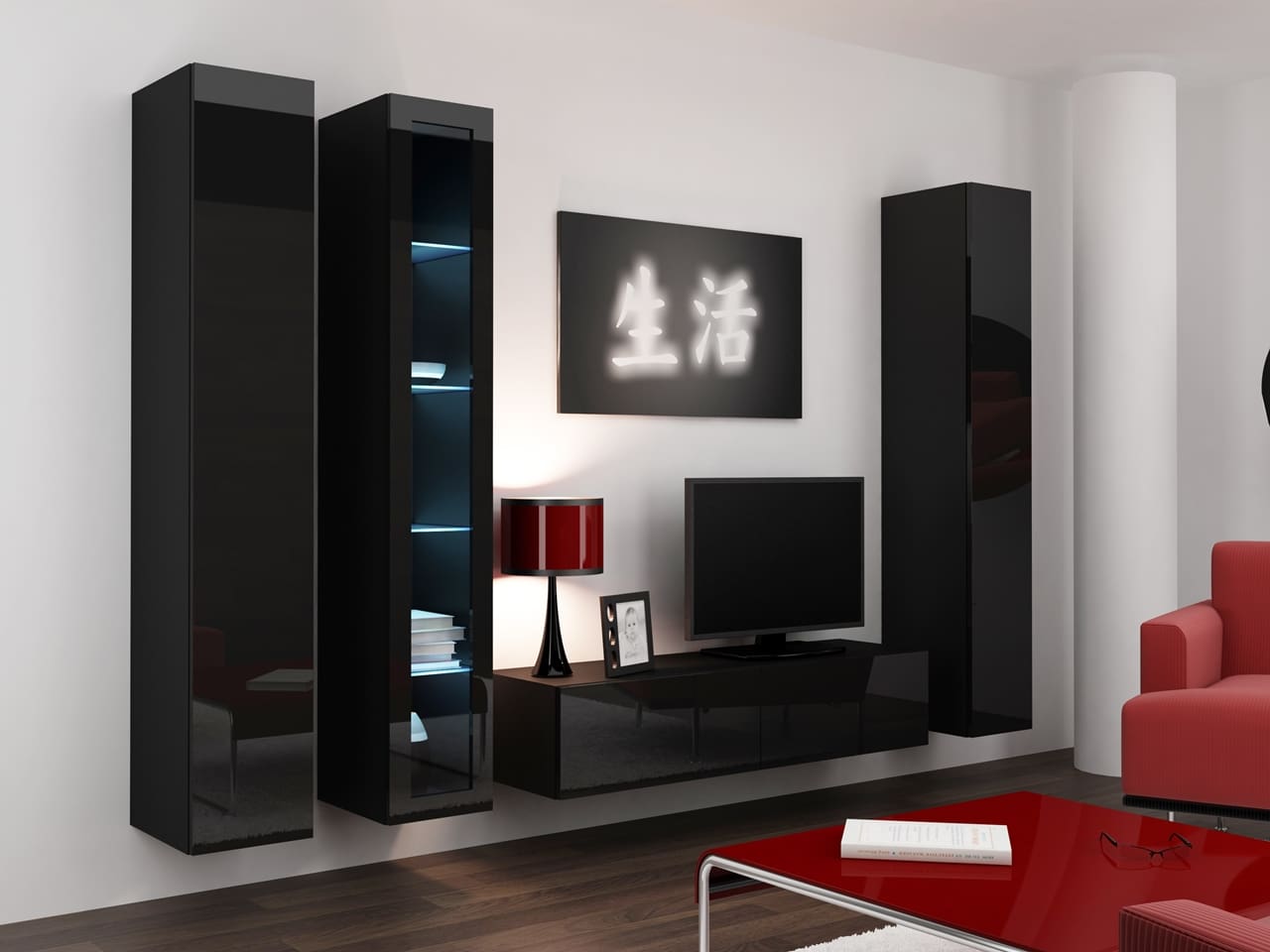 Obývací stěna GOVI 15D černá / černý lesk