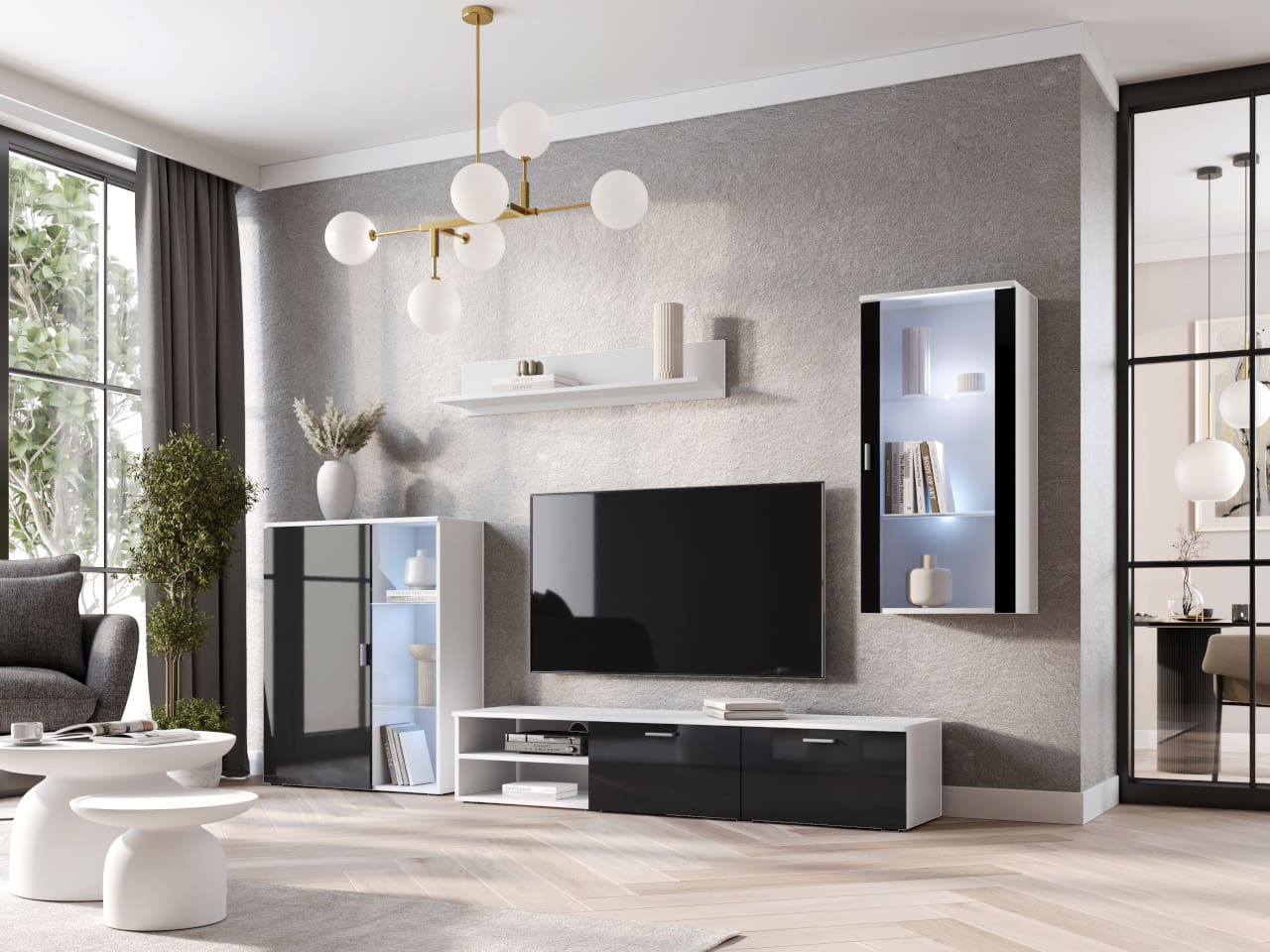 Obývací stěna LOCO 2 bílá / černý lesk - Obrázek 4