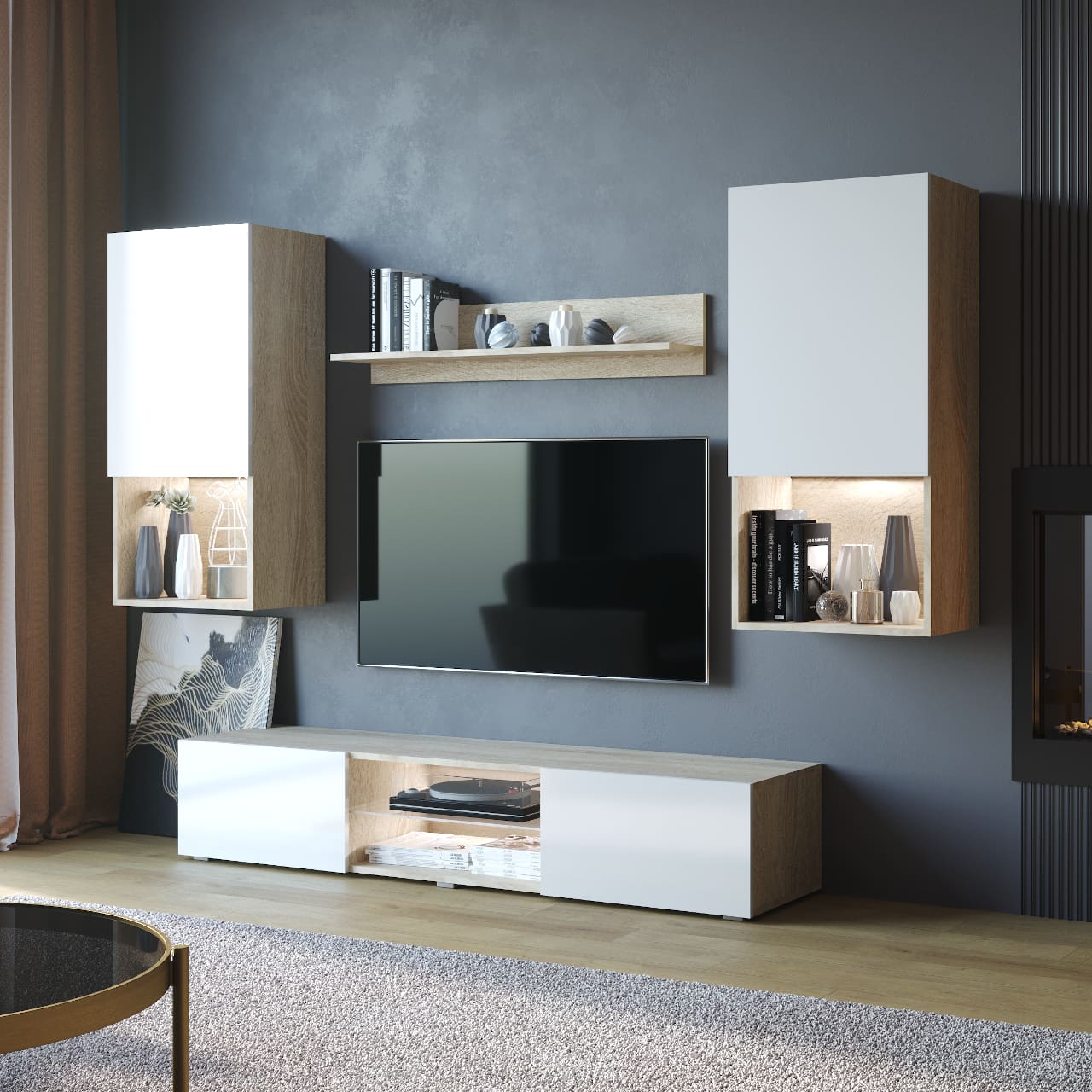 Obývací stěna VERO dub sonoma / bílý lesk