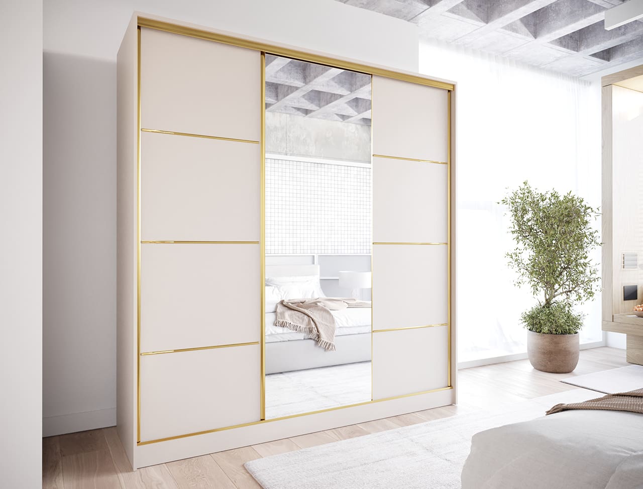 Posuvná skříň se zrcadlem a šuplíky TRIVI C 200 kašmír / zlatá - Obrázek 4