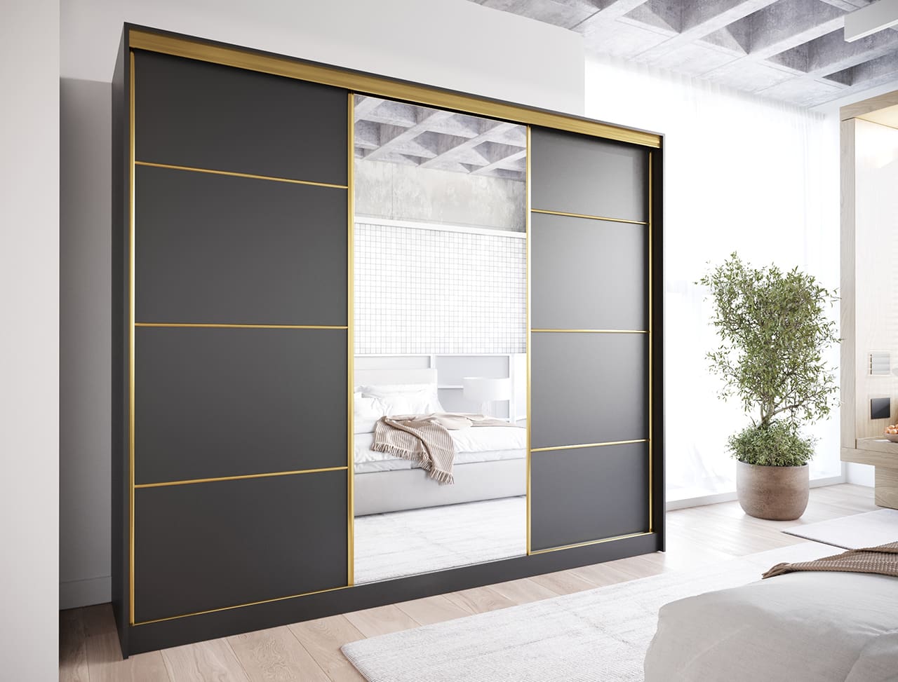 Posuvná skříň se zrcadlem a šuplíky TRIVI C 270 černá / zlatá - Obrázek 4