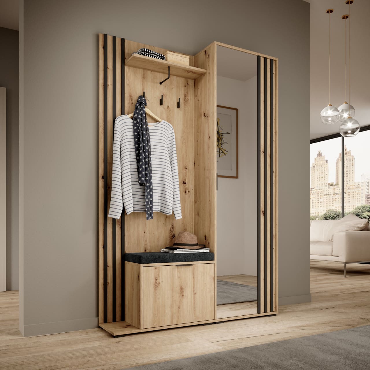 Předsíňová stěna LAILA dub artisan / černá - Obrázek 3