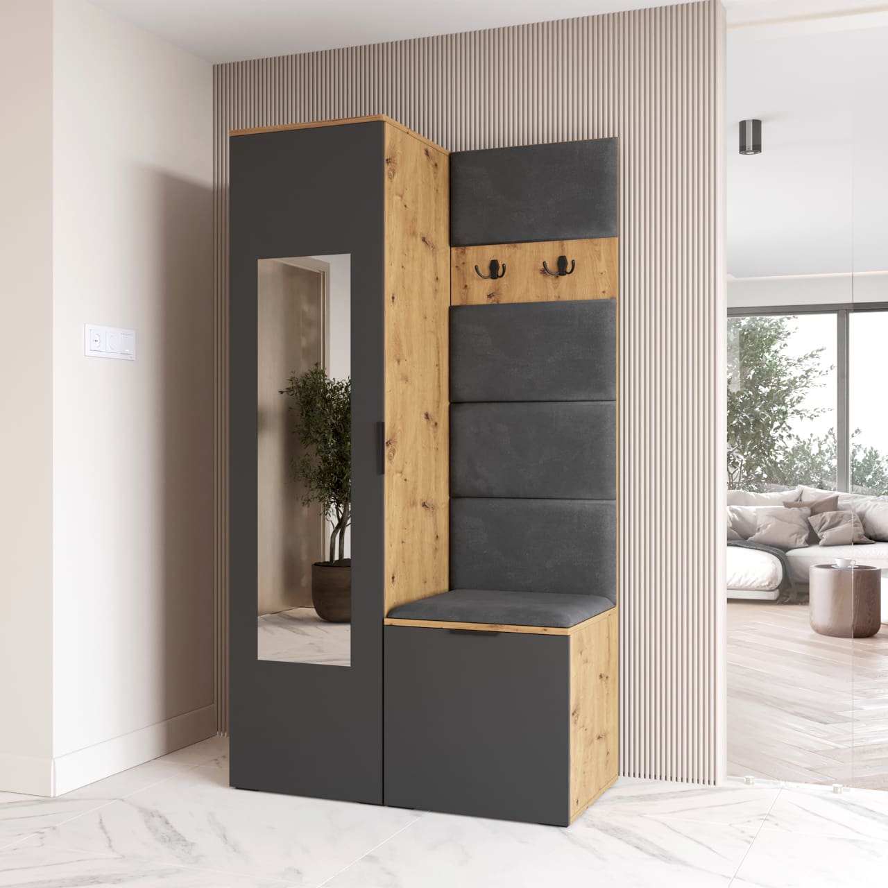 Předsíňová stěna se zrcadlem NELLI 1 dub artisan / šedá pravá - Obrázek 4