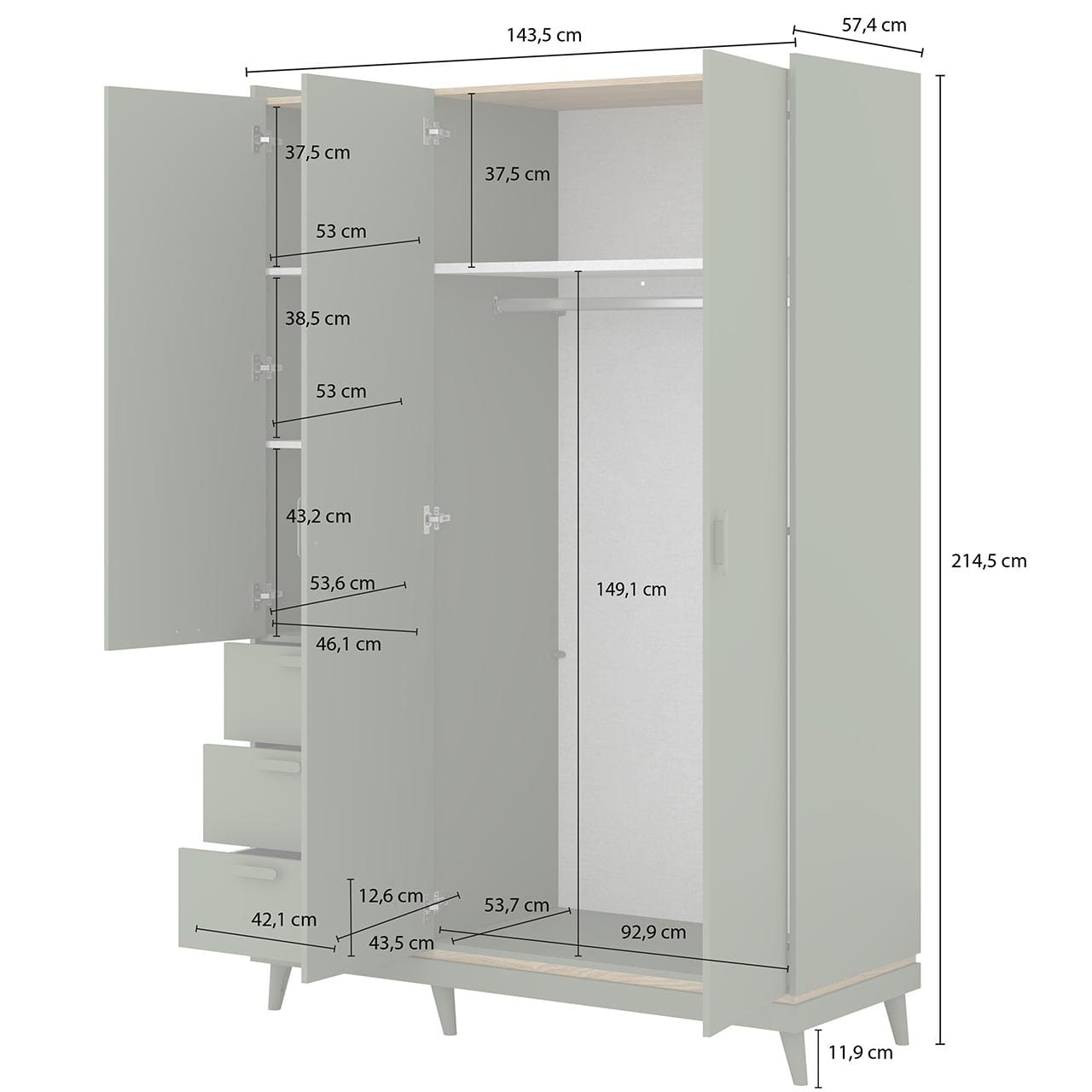 Skříň s šuplíky CANDIS 19 zelená / dub olejový - Obrázek 2