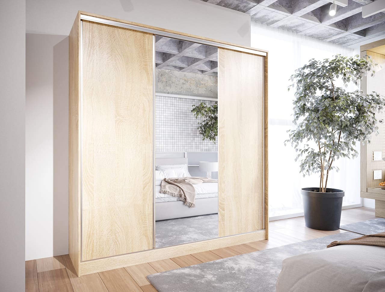 Skříň s posuvnými dveřmi se zrcadlem a zásuvkami CORINA C 180 sonoma - Obrázek 3