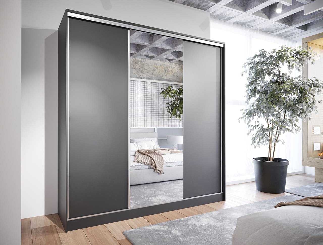 Skříň s posuvnými dveřmi se zrcadlem a zásuvkami CORINA C 200 černá - Obrázek 4