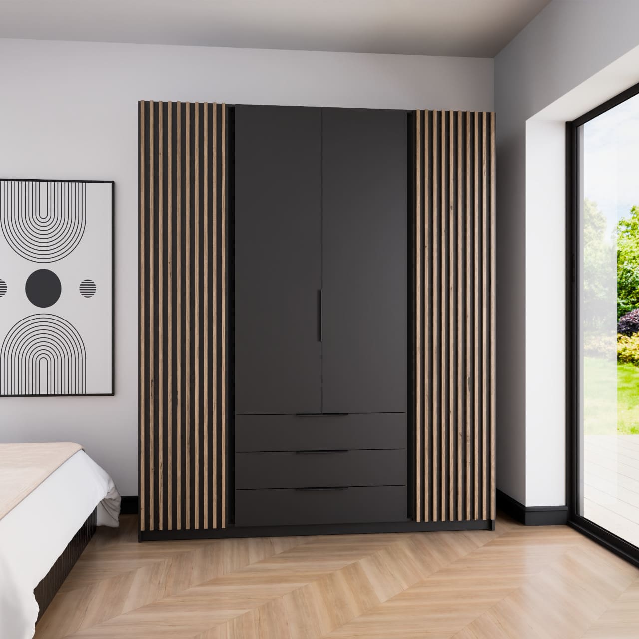 Skříň s šuplíky KAYA 200cm 04 černá / černá / dub evoke - Obrázek 4