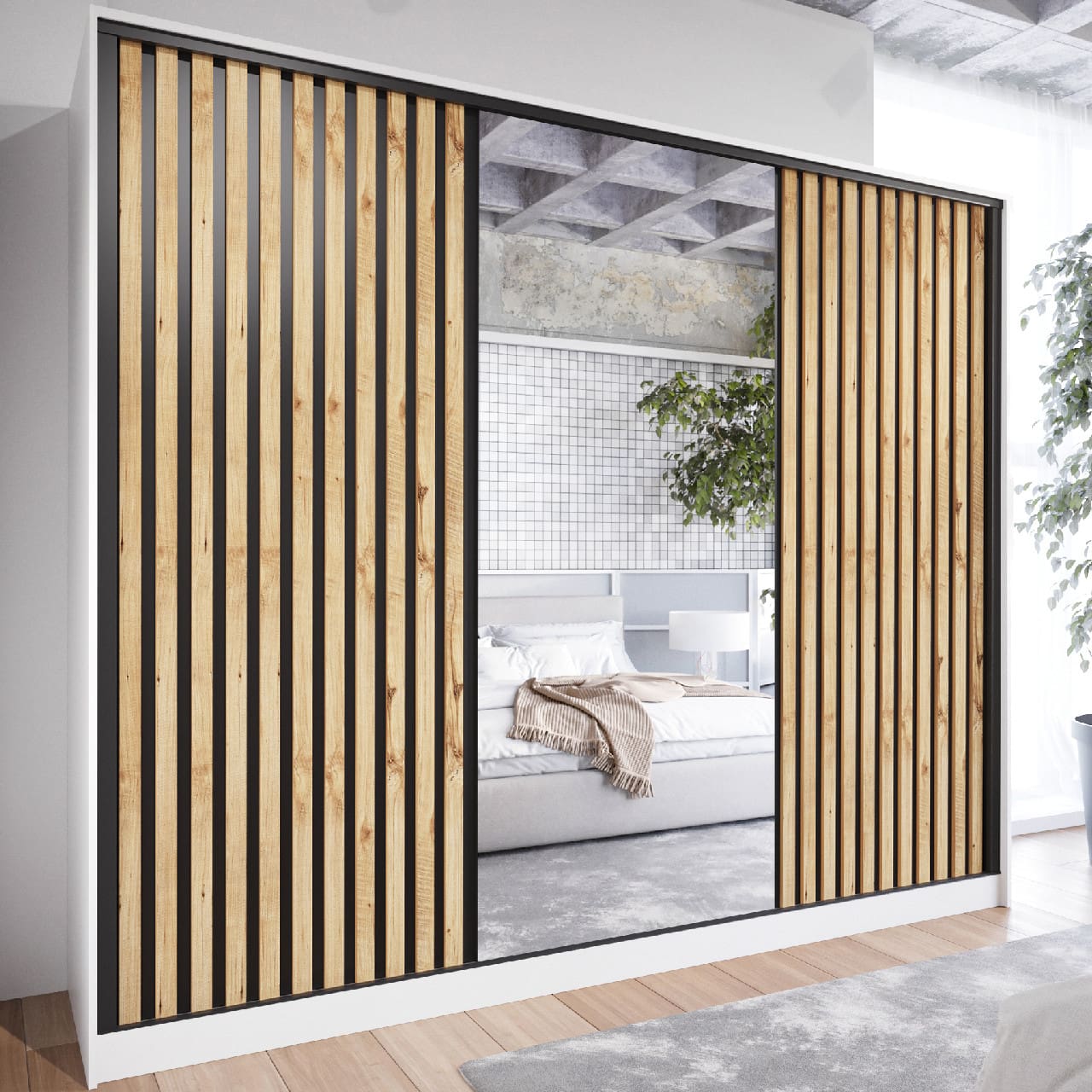 Skříň se zrcadlem a zásuvkami LIPI C 250 bílá / dub wotan / černá - Obrázek 4