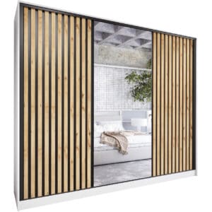 Skříň se zrcadlem a zásuvkami LIPI D 270 bílá / dub wotan / černá