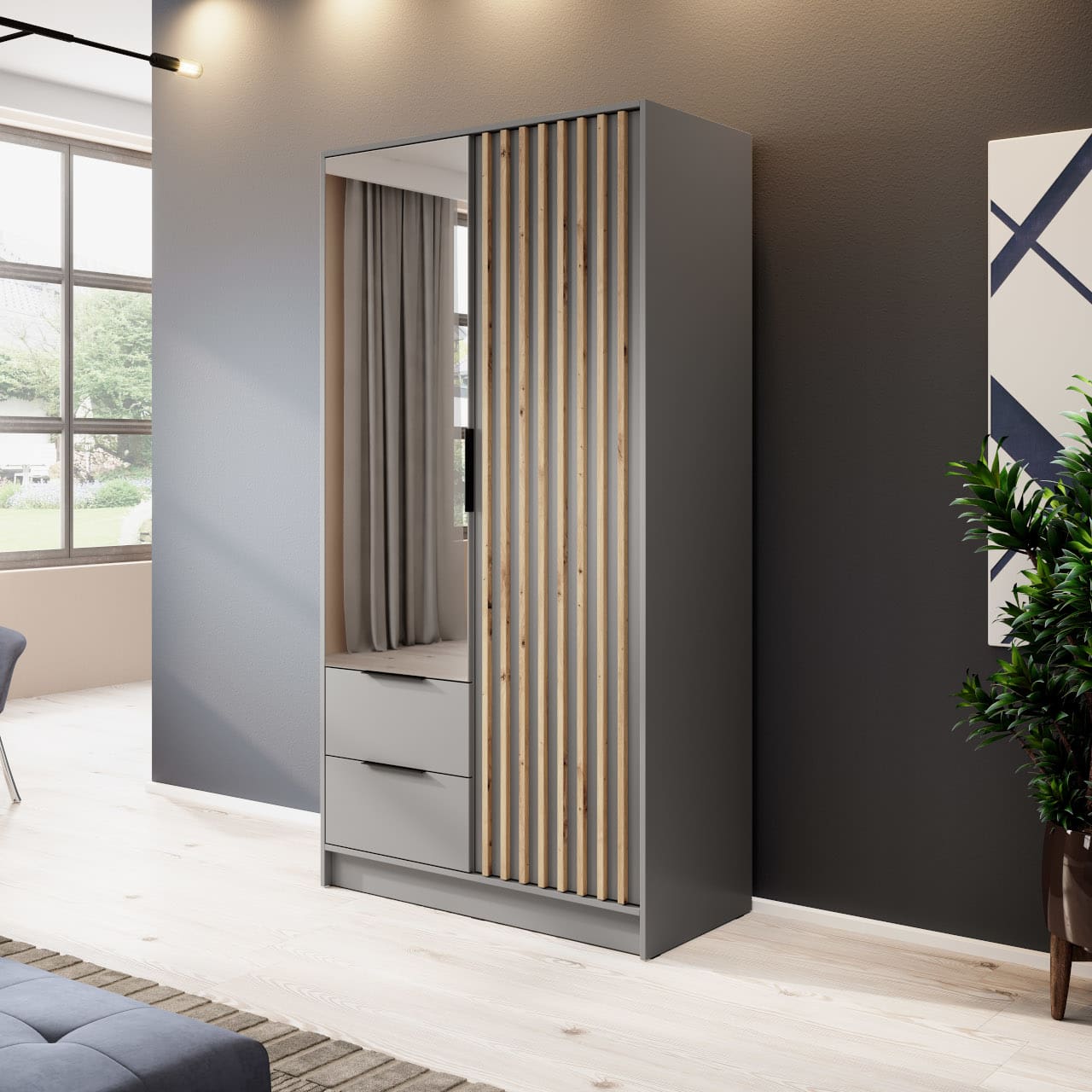 Skříň se zrcadlem LAILA 2D šedá / dub artisan - Obrázek 4