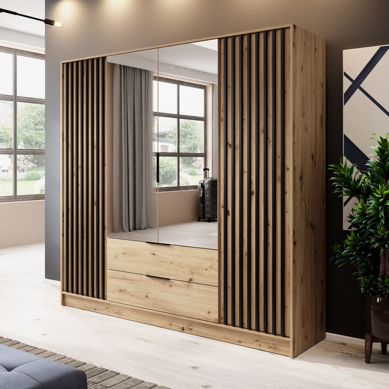 Skříň se zrcadlem LAILA 4D dub artisan / černá - Obrázek 4