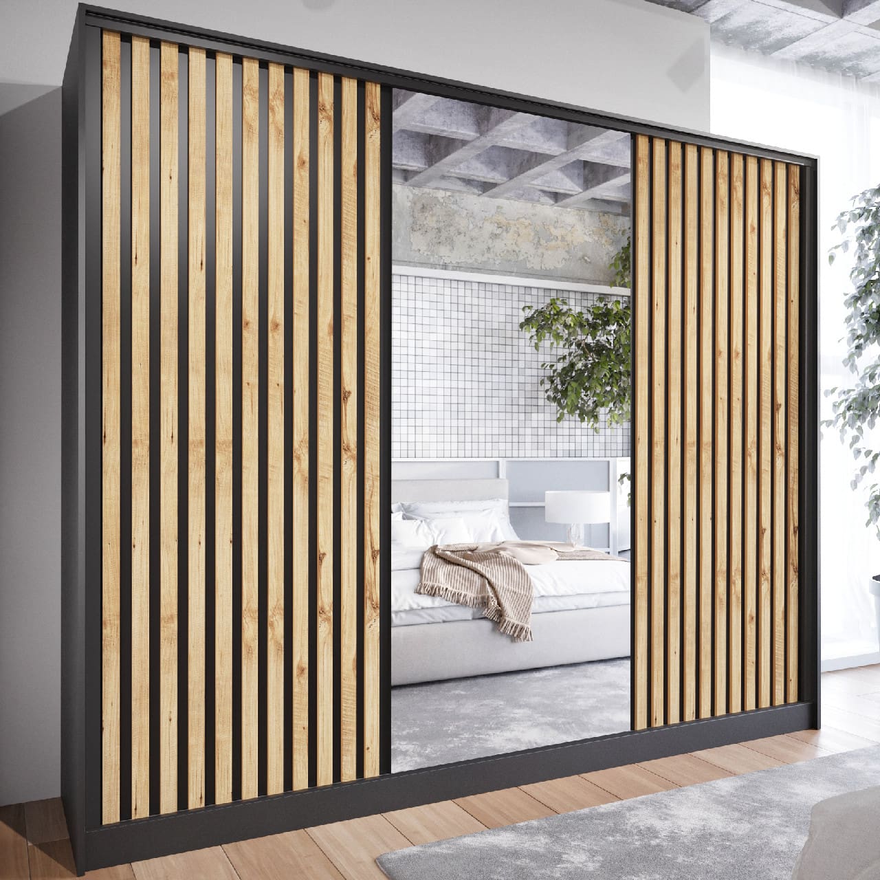 Skříň se zrcadlem LIPI A 250 černá / dub wotan - Obrázek 4