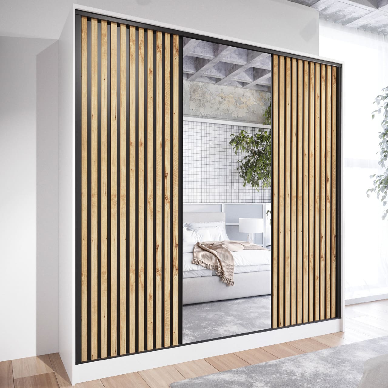 Skříň se zrcadlem LIPI B 200 bílá / dub wotan / černá - Obrázek 4