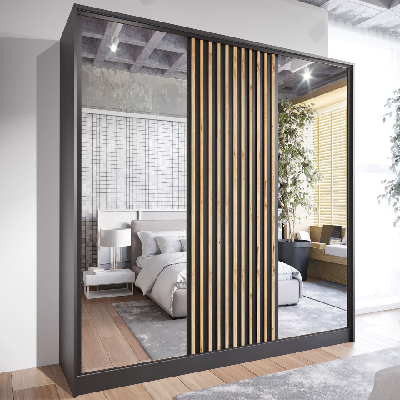 Skříň se zrcadlem SOLI A 180 černá / dub wotan - Obrázek 3