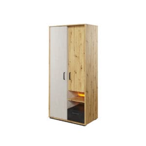 Skříň 2D1S s led dub artisan/raw steel/silk flou QUBIC QB03